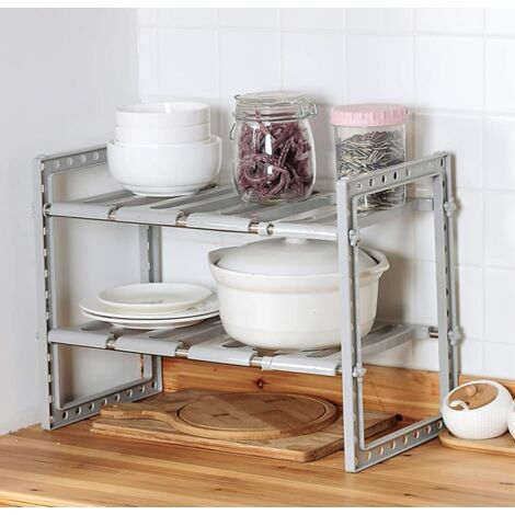 Étagères de cuisine , étagères d'évier de cuisine flexibles, étagère à 2 niveaux, réglable en hauteur pour l'armoire sous l'évier - gris (1/5)