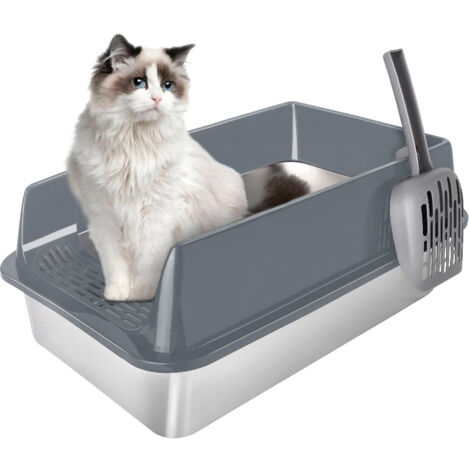 Haloyo® Maison de toilette pliable pour chat, Bac à litière pour chat, tiroir à litière coulissant, pelle ,60x40x30cm, PP+acier inoxydable, gris