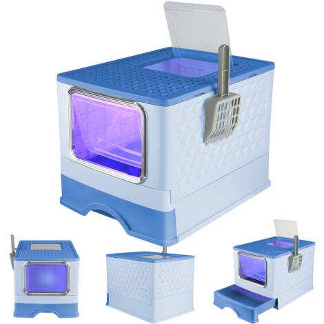 Haloyo® Bac à litière pour chat, Stérilisation Maison de toilette pliable pour chat, tiroir à litière coulissant, pelle ,52x39x39cm, bleu (1/5)