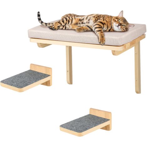 Haloyo – Étagères murales pour chat – Mur d'escalade en bois clair – Dimensions 40x30x25cm – Avec planche à griffer intégrée – Couleur gris (1/5)