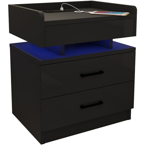 Haloyo® Table de Chevet Moderne à 3 tiroirs avec lumières LED, Table de Nuit avec Multiprise, pour Salon, Chambre à Coucher, 45x35x52, noir (1/5)