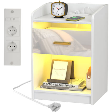 Table De Chevet Avec Tiroir Et Compartiment Ouvert - Revêtement Velours Beige, Pieds Métal Doré Et Lumière LED - 40x31x50cm