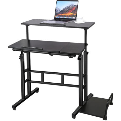 Bureau d'ordinateur à 4 roulettes, bureau gaming, bureau de travail 102x60x67-115cm, noir