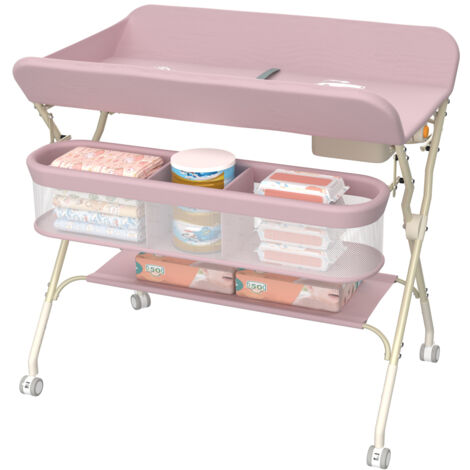 Table à Langer Pliante avec Panier de Rangement, Tables à langer avec 4 roulettes, Hauteur réglable, 75x68x83-91cm, rose