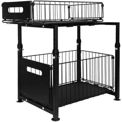 Rangement sous Évier en Métal à 2 Niveaux avec Tiroir de Rangement Coulissant, pour Salle de Cuisine, Bureau, Bain, 29x38x49cm, noir