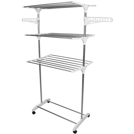 Séchoir à linge inox HALOYO étendoir pliable H.158 CM Séchoir pliable à 3 niveaux, tube en acier inoxydable- Blanc