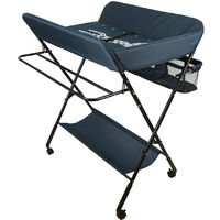 Table à langer pliante, table à langer avec panier de rangement, ceinture de sécurité et 4 roues avec frein, réglable en hauteur 806698cm (bleu marine)