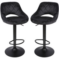 Lot de 2 tabourets de bar, tabourets de comptoir en velours, tabourets de bar creux, tabourets de bar pivotants avec dossier et repose-pieds, pour îlot de cuisine, hauteur réglable, noir