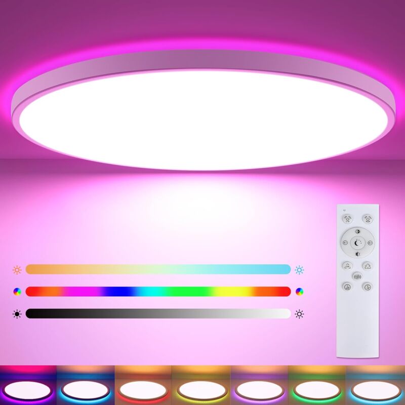 Plafonnier LED Dimmable , 24W RGB Lampe De Plafond Moderne, 6 Couleurs  RéTroéClairage Luminaire éTanches , Plafonnier TéLéCommandé