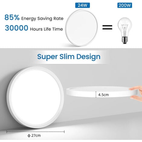 COMELY Plafonnier LED 27cm LED Plafonnier 24W 6500K Luminaire Plafonnier IP54 Lampe de Plafond LED Salle de Bain pour Chambre Cuisine