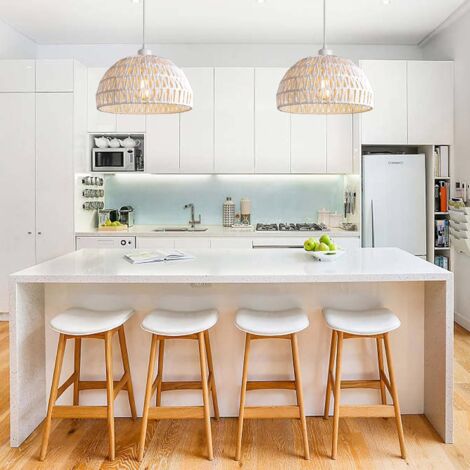 COMELY Suspension Luminaire Rotin Moderne, Blanc Lustre Abat-jour Naturel en Rotin, Lampe Suspendue Réglable en Hauteur, E27 Suspension pour Cuisine, Chambre, Salon, Café (Sans Source Lumineuse)