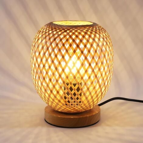 COMELY Bambou Tissé Lampe de Table, Lampe de Chevet Abat-Jour en Bambou Design avec Base en Bois Naturel pour Chambres à Coucher, Bureau, Salle à Manger et Salon