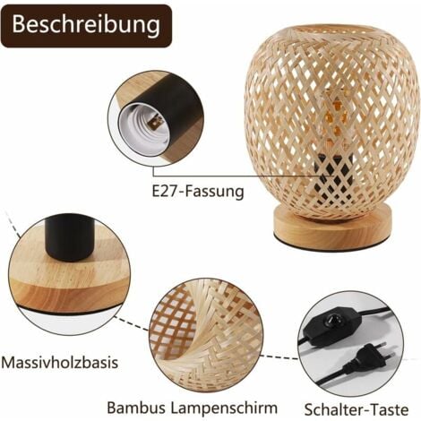COMELY Bambou Tissé Lampe de Table, Lampe de Chevet Abat-Jour en Bambou Design avec Base en Bois Naturel pour Chambres à Coucher, Bureau, Salle à Manger et Salon