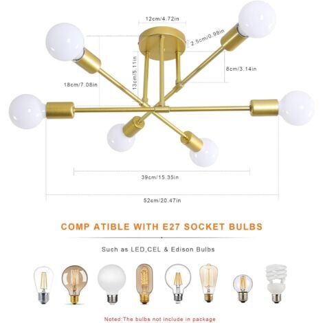 COMELY Lustre Plafonnier Industriel, 6 Lumières E27 Lampe de Plafond Retro Vintage en Metal, Retro Suspension Luminaire Doré pour Salon Salle à Manger Chambre Cuisine Restaurant