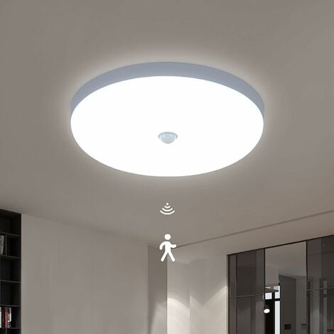 Plafonnier LED avec Détecteur de Mouvement, 30W 6600K Lampe de Plafond  Moderne Lumière Blanche Froide, 25CM Plafonnier Rond Blanc pour Cuisine