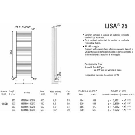 Cordivari - Lisa25 Radiatore Scaldasalviette H1160X400 Interasse 350 Mm - Colore: Bianco