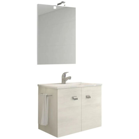 Savinidue - Mobile Da Bagno Sospeso 60 Cm Con Specchio, Lavabo E Lampada Led - Colore: Rovere Bianco (Miscelatore Lavabo Escluso)