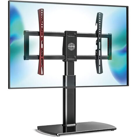 Fitueyes Universal TV Stand/Base Swivel Tabletop TV Stand with Mount for 32 to 65 inch Flat Screen TV 80 Degree Swivel 3 Level Height Adjustable,Tempered Glass Base,Holds up to 88lbs Screens 