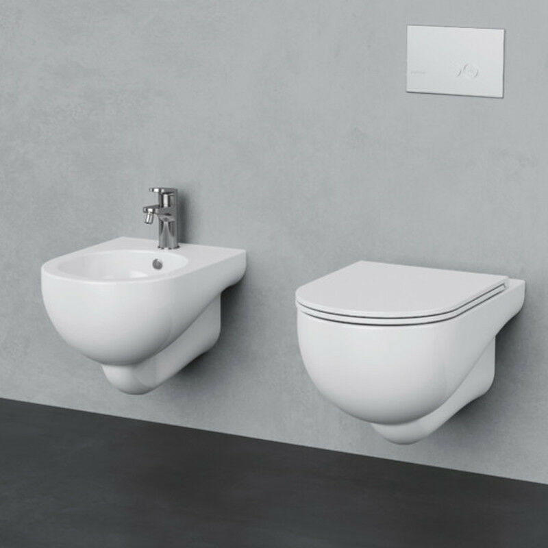 Coppia Sanitari Sospesi NUVOLA - WC con Sedile Soft Close + Bidet -  Ceramica Bianco