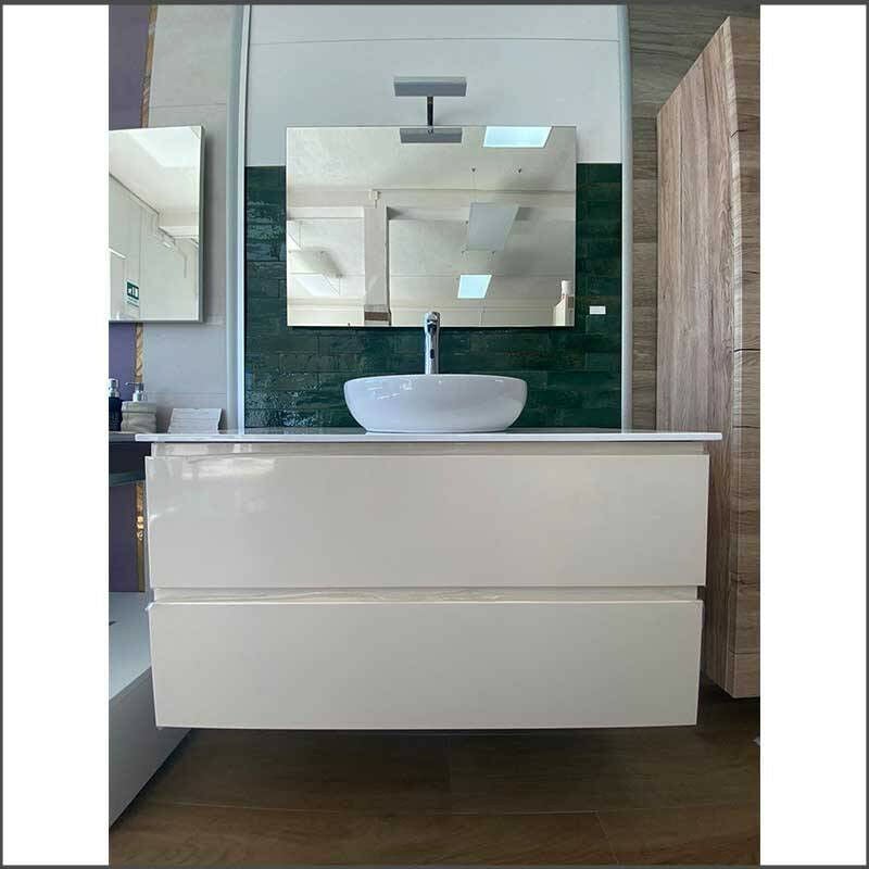 Mobile Bagno da 95 cm Sospeso Colore Crema Lucido Base 2 Cassettoni con  foro per Lavabo da Appoggio