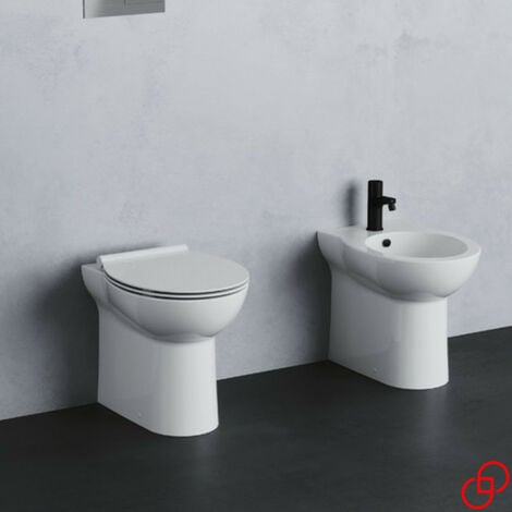 Sanitari bagno Bidet e Vaso WC a terra filomuro RIMLESS in ceramica con  sedile coprivaso softclose Fast