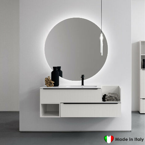 Mobile Bagno COMPAB 141 cm Sospeso Made in Italy Bianco Millerighe +  Maniglia Nera Lavabo In