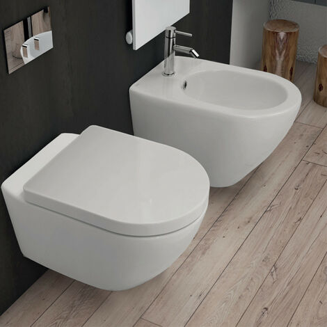 Coppia Sanitari Sospesi COVER XL ALTHEA - WC con Sedile Soft Close + Bidet - Ceramica - Colore Bianco - Risparmio Idrico