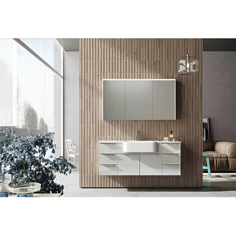 Mobile Bagno Milos100 cm SospesoBianco Lucido Base 2 ante e 3 cassetti - Lavabo in Resina Vasca a Sinistra