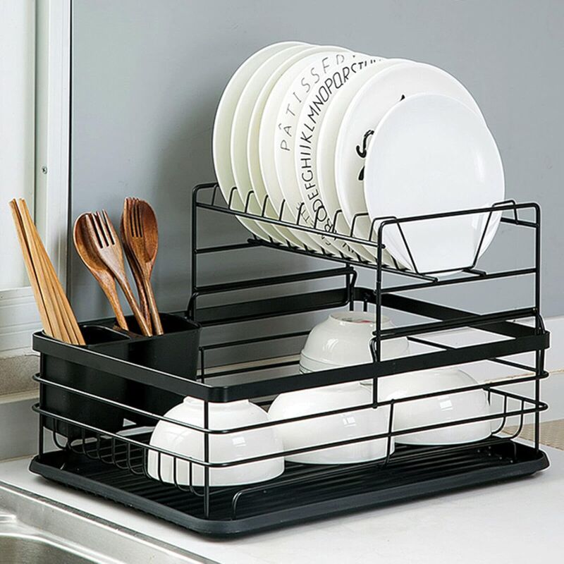 Égouttoir Vaisselle 2 Niveaux Inox Noir - Cocolemon Avec Porte-Ustensiles Et Bec Pivotant