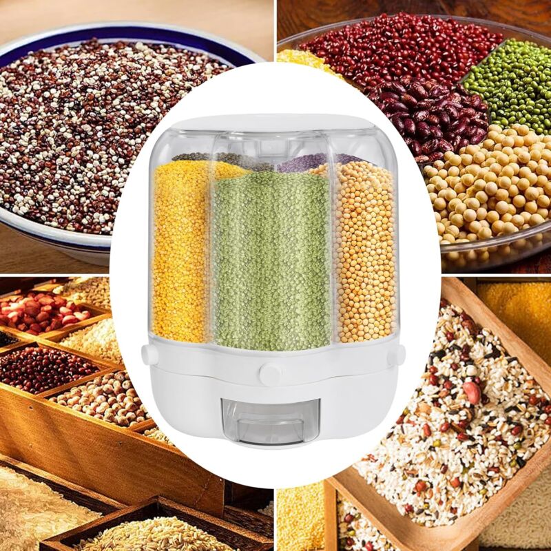 Distributeur De Céréales Rotatif - 6 Compartiments - Capacité 12.5 Kg - Bec Verseur Pratique - Range Cuisine