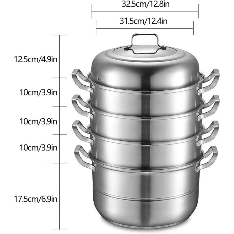 Cuiseur Vapeur 5 étages En Acier Inoxydable 304 - 30 Cm De Diamètre, Avec Couvercle En Verre - Compatible Toutes Plaques (gaz, Induction, électrique)