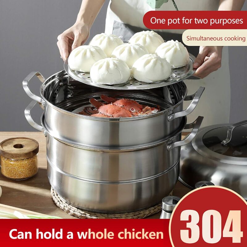 Casserole à Vapeur à 3 étages En Acier Inoxydable Avec Couvercle En Verre Et Poignées Pour Cuire Et Cuire à La Vapeur De La Viande Et Des Légumes, Compatible Avec Les Cuisinières
