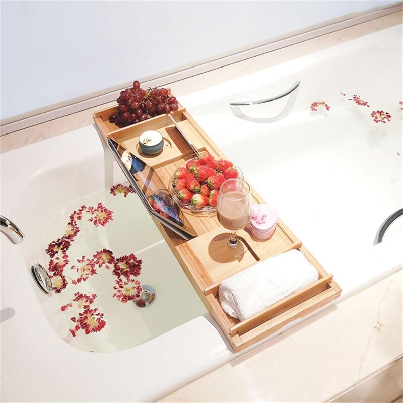 Plateau De Baignoire En Bambou Extensible - 75-110 Cm, Antidérapant, Support Tablette/tasse - 8