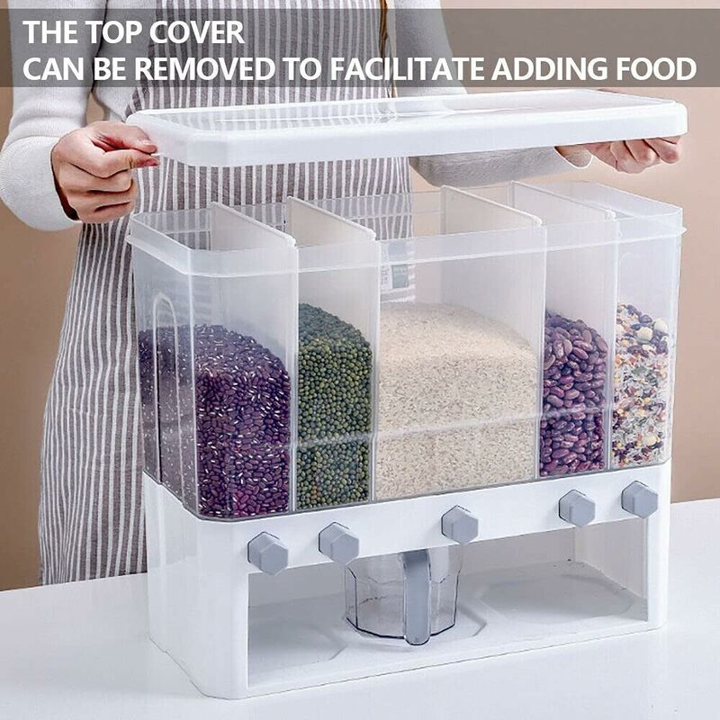 Distributeur De Céréales 5 En 1 Transparent – Riz, Grains, Aliments Secs Avec Doseur Et Séparateurs Amovibles (grande Capacité)