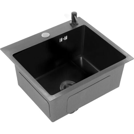 Évier de cuisine encastrable 40 x 45 cm en acier inoxydable noir avec panier de vidage + bonde + tuyau de descente + distributeur de savon