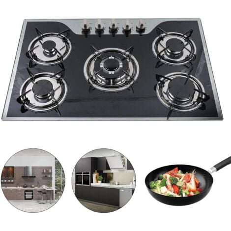 Plaque de cuisson à gaz - 5 brûleurs en acier inoxydable - Brûleur intégré - Noir - 30,3" - Pour gaz GPL