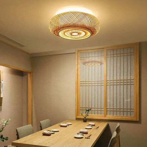 Luminaire Bois Suspension En Bambou Tissé à La Main Style Zen, Lustre Plafonnier Naturel Pour Chambre, Salon, Salon De Thé, 11.1''*6.3 Abat Jour Bambou