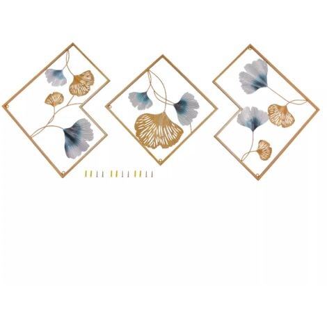 Lot de 3 décorations murales en métal - Feuille de ginkgo - Décoration murale en fer forgé - Décoration murale dorée pour jardin, salon, chambre à coucher, salle à manger
