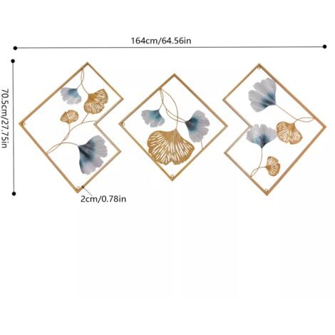 Lot de 3 décorations murales en métal - Feuille de ginkgo - Décoration murale en fer forgé - Décoration murale dorée pour jardin, salon, chambre à coucher, salle à manger