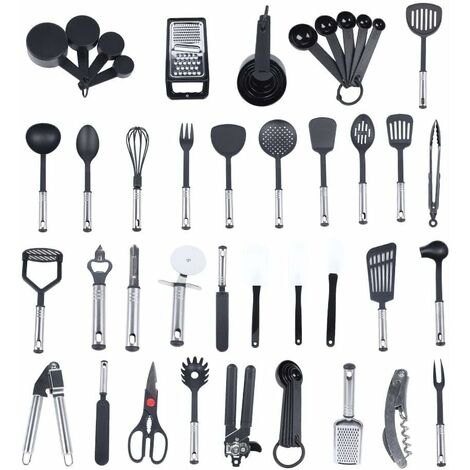 Lot de 40 ustensiles de cuisine en silicone antiadhésifs résistants à la chaleur avec poignée en acier inoxydable Noir