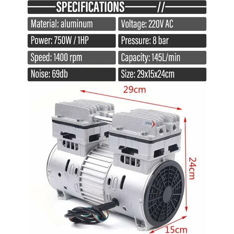 Moteur 750 W pour compresseur à chuchotement sans huile Compresseur d'air comprimé 8 bar 145 L/min 69 dB Compresseur d'air silencieux Accessoires 220 V