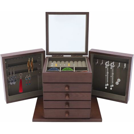 Gojoy – Boîte à bijoux en bois marron 5 niveaux – Rangement pour montres, boucles d'oreilles, bagues – Dimensions 30x20x25cm – Vintage avec miroir