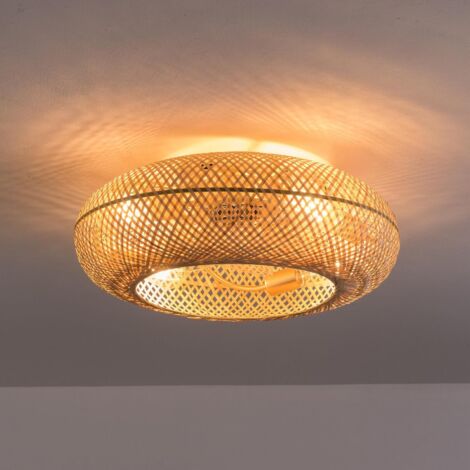 Ventilateur Plafond Rotin Bambou Avec Lumière - 6 Vitesses, Télécommande, Réversible - Style Bohème Vintage - 6