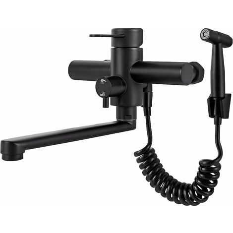 Gojoy – Robinet mural de cuisine noir avec pistolet de pulvérisation – Bec pivotant 360° – Acier inoxydable 304 – Installation facile