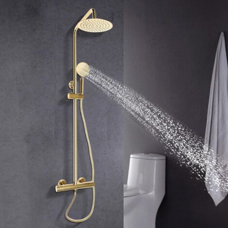 Gojoy – Colonne de douche thermostatique dorée – Acier inoxydable 304 – Pommeau haute 20 cm – 3 modes de jet – Tuyau flexible 1,5 m