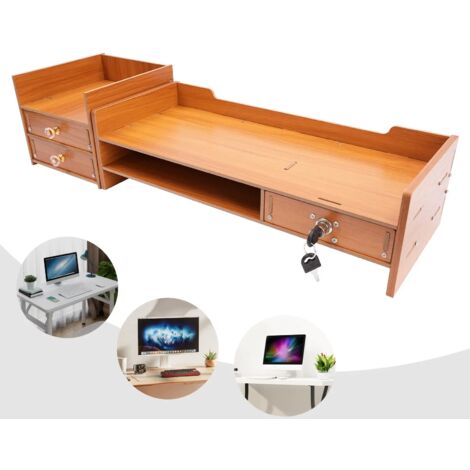 Gojoy – Support de moniteur en bois MDF avec 3 tiroirs verrouillables – Rehausseur d'écran 48x20x13.5cm – Angle rotatif 180° – Capacité 5kg