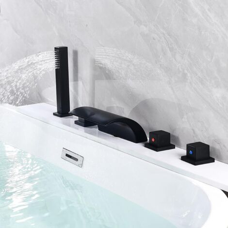 Gojoy – Mitigeur de baignoire cascade noir avec LED – 3 poignées – Valve en laiton – Tuyau 1/2" – Installation 5 trous