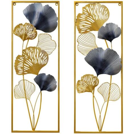 Lot de 2 feuilles de ginkgo en métal 3D - Décoration murale - Décoration murale - Décoration murale - Feuilles de ginkgo dorées - Décoration murale en métal - Avec cadre pour arrière-plan (1/5)