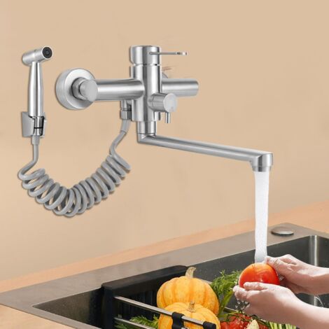 Gojoy – Robinet mural de cuisine rotatif 360° – Acier inoxydable 304 – Pistolet de pulvérisation rétractable – 3 modes de sortie d'eau