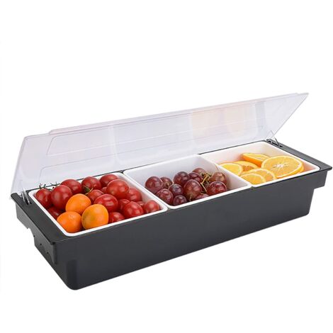 Lot de 3 récipients à ingrédients - Récipient à fruits avec couvercle - 3 compartiments de 1470 ml pour citrons, fruits, olives et ingrédients de cocktail - 50 x 15 x 10 cm - Noir transparent (1/5)